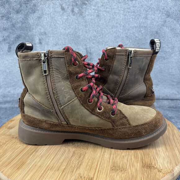 UGG Boots Youth Size 4 Brown Leather Suede Lace Up Side Zip Shearling Lined - Picture 6 of 11
